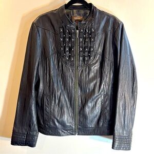 DANIER Sz XL Black Leather Jacket with Stud Accents Unique Bib Zipper Closure